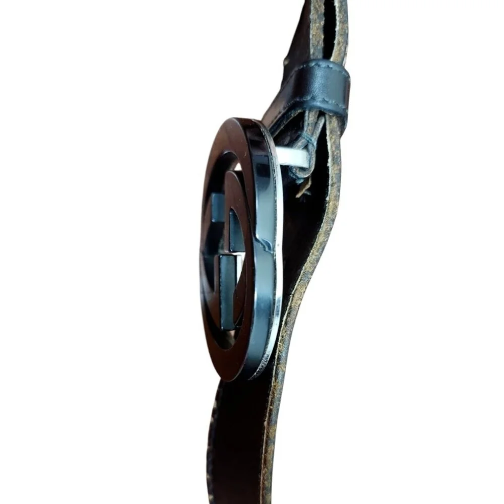 Gucci Black Shiny Imprime Belt With Black Interlinking GG Buckle